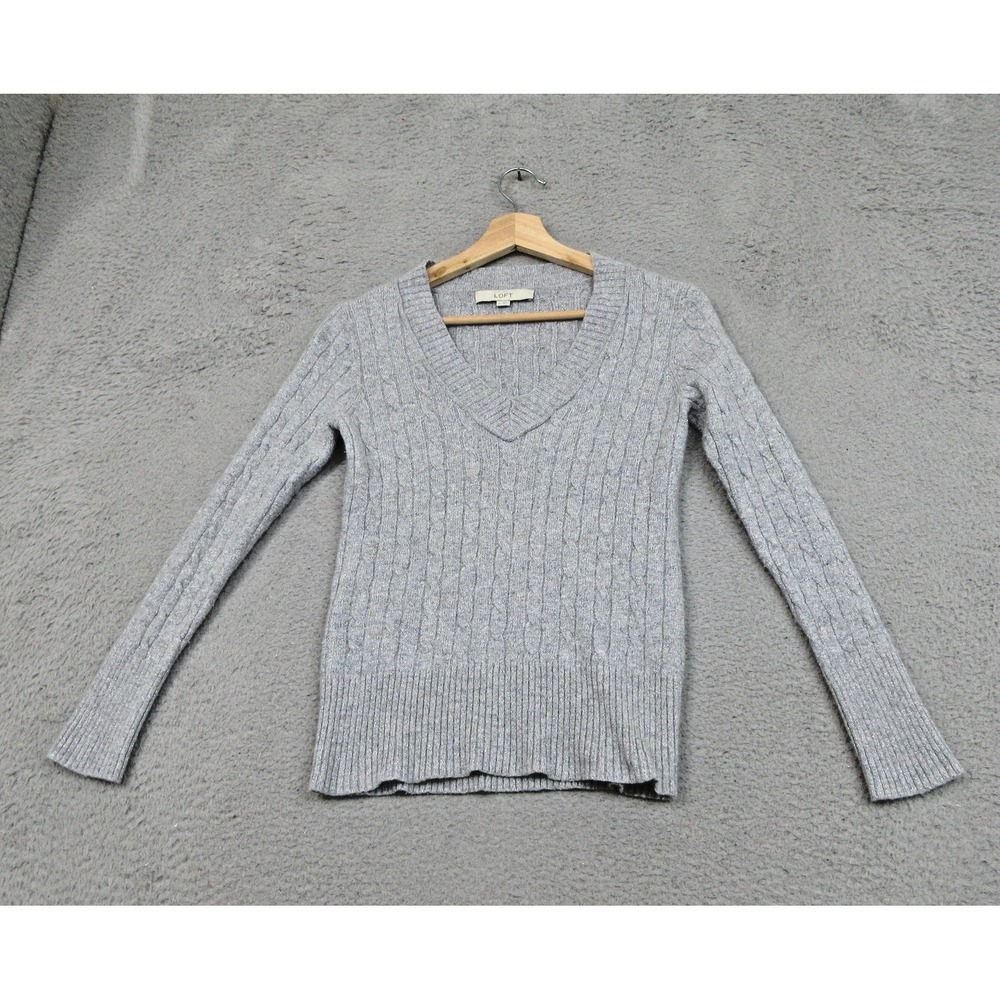 LOFT Wool Blend Cable Knit Sweater Womens Medium Gray Metallic V Veck Cozy Soft